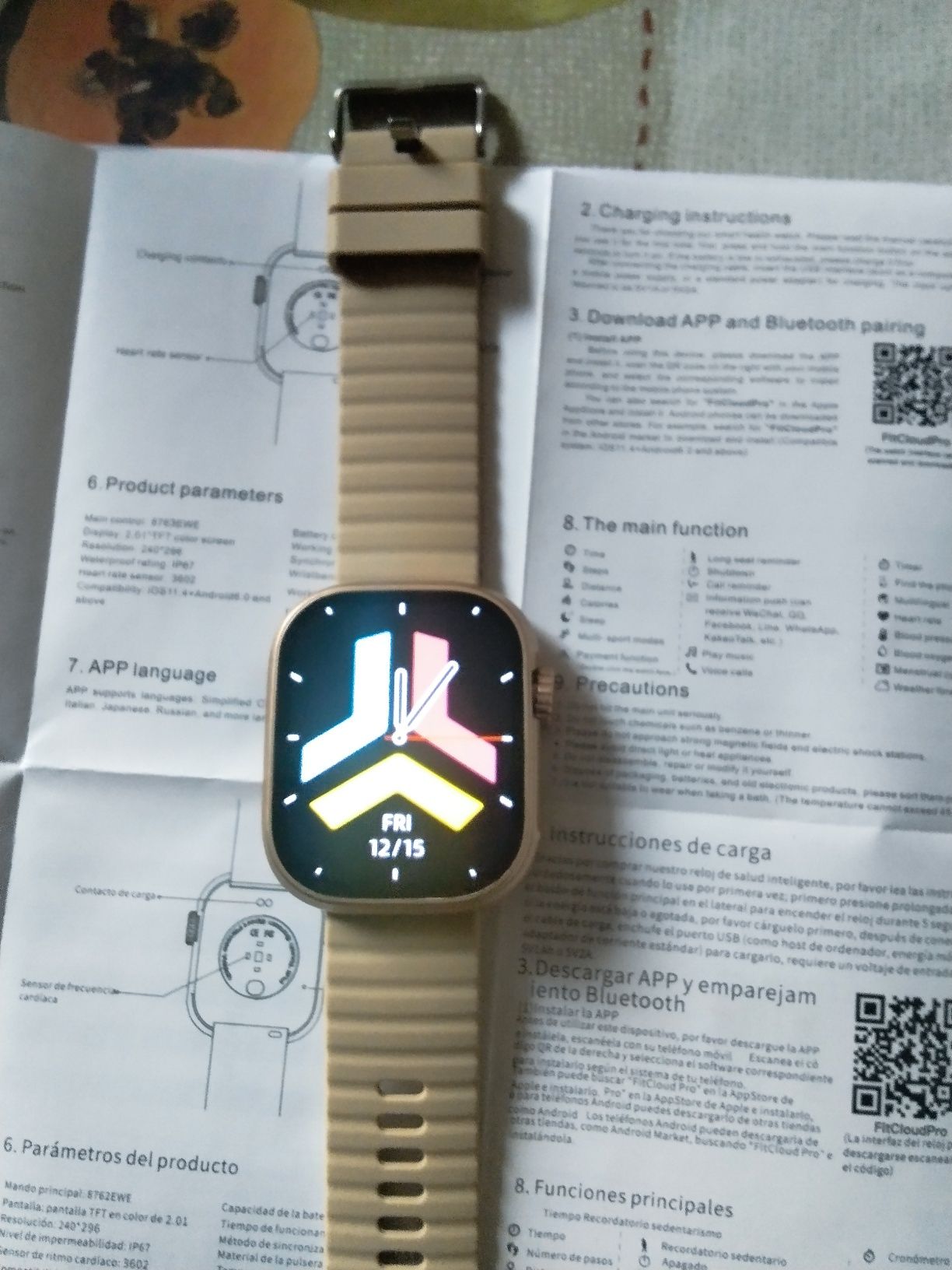 Smart watch SENBONO złoty, morelowy pasek, język polski,mocną bateria