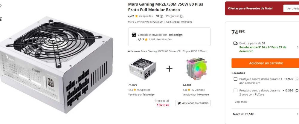 Nova Mars Gaming Power Supply 750W 80 Plus Full Modular White64550791776513124