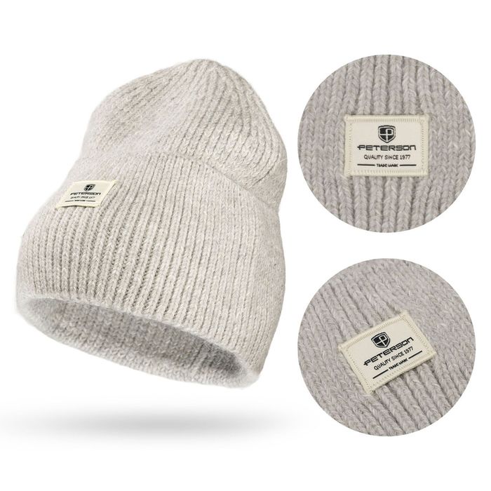 szara, zimowa czapka damska beanie z logo marki - peterson