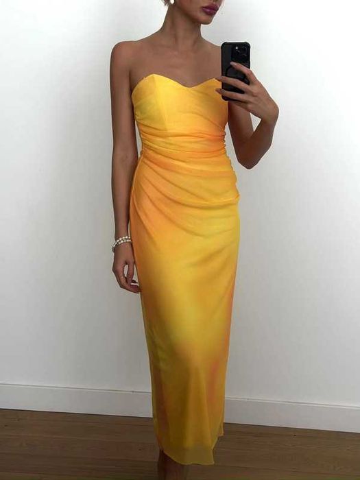 piękna żółta sukienka midi tiulowa wesele chrzest impreza Zara 36 S