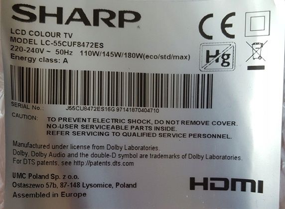 Sharp Aquos LC-55CUF8472ES (zasilacz)