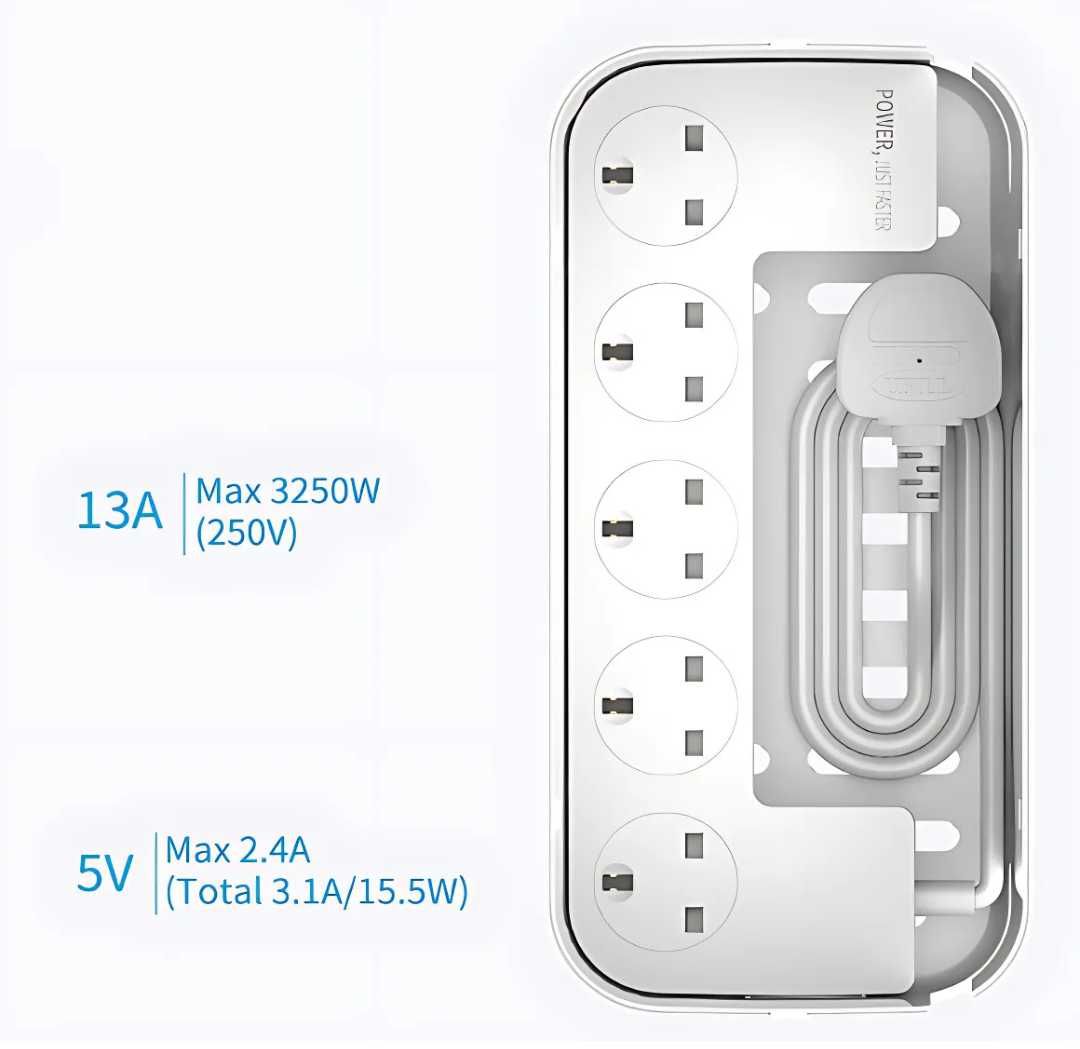 Skrzynka Zasilająca 5 Gniazdek 3 Pory USB ANGIELSKA