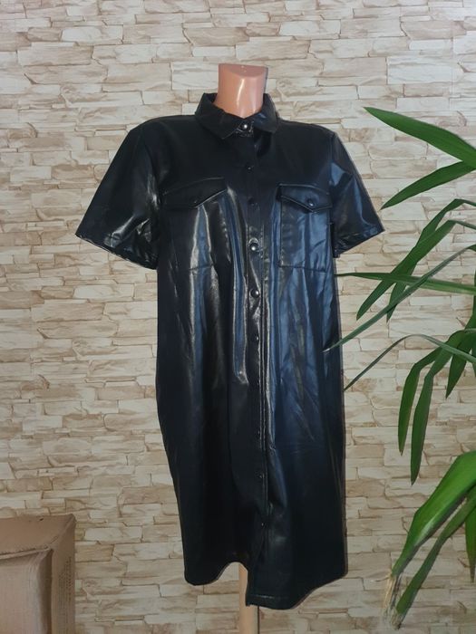 Nowa długa czarna sukienka oversize skórzana zapinana guziki Bik Bok L