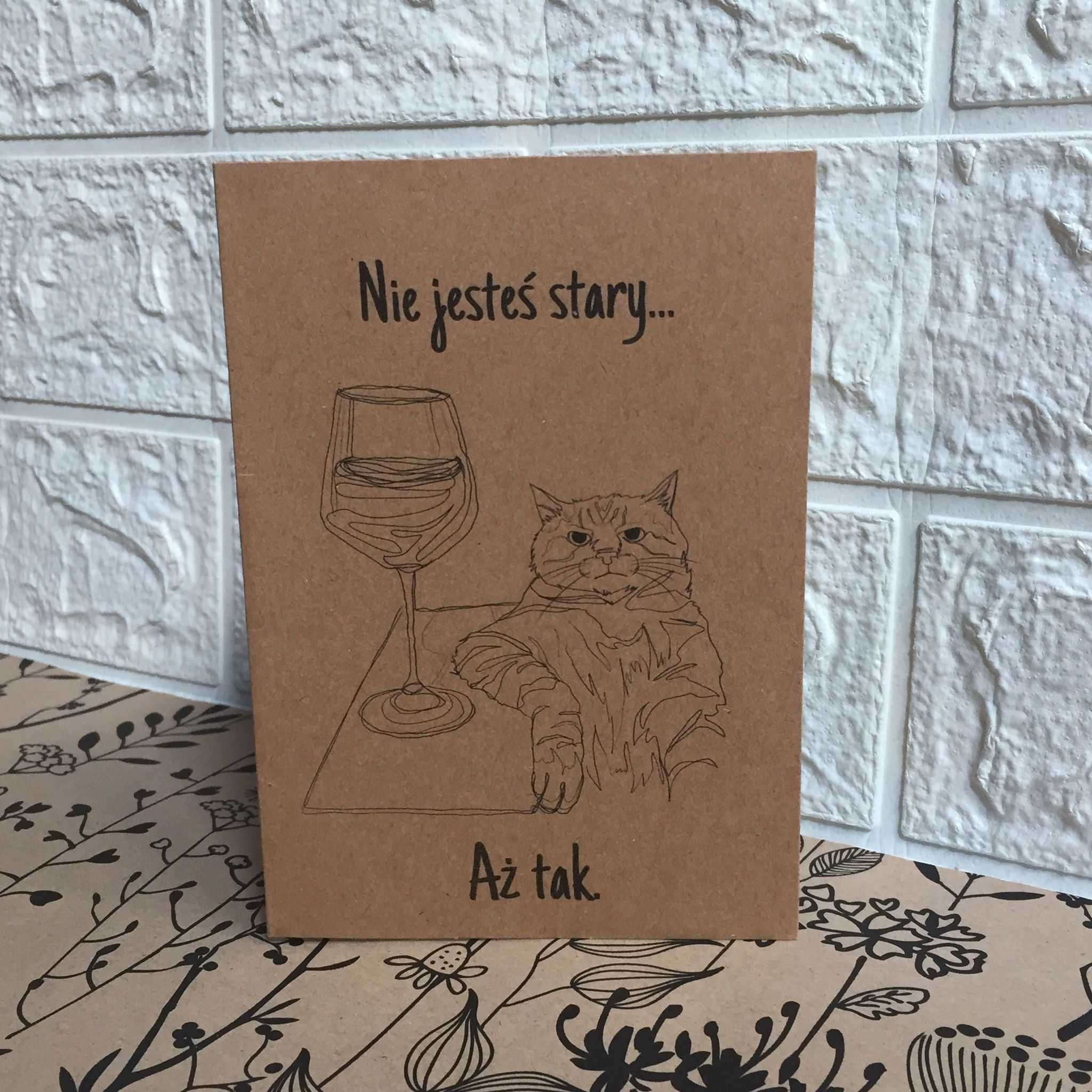 Kartka okolicznościowa urodzinowa na prezent kot i wino