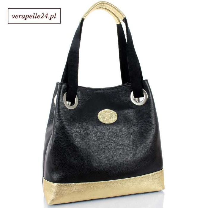 Elegancka czarna skórzana torebka na ramię, Vera Pelle, Made in Italy
