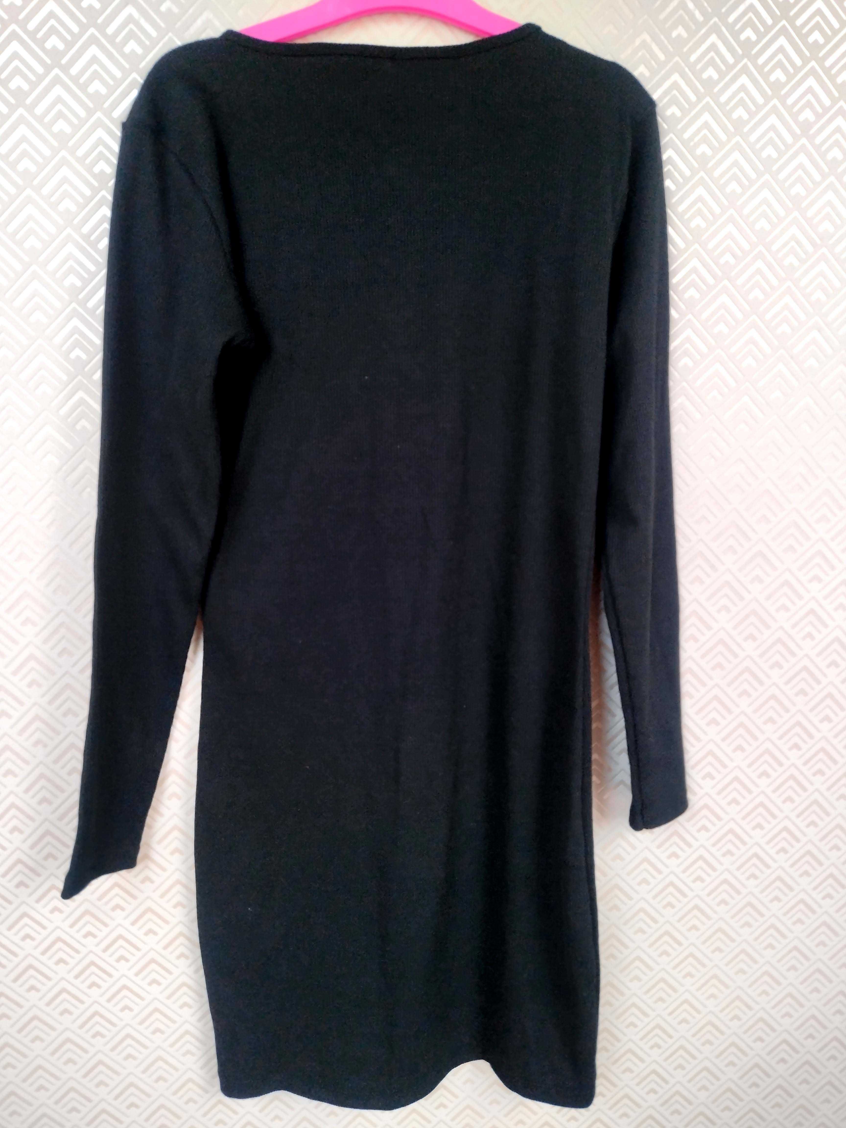 Sukienka mała czarna mini materiałowa długi rękaw prążkowana XXL