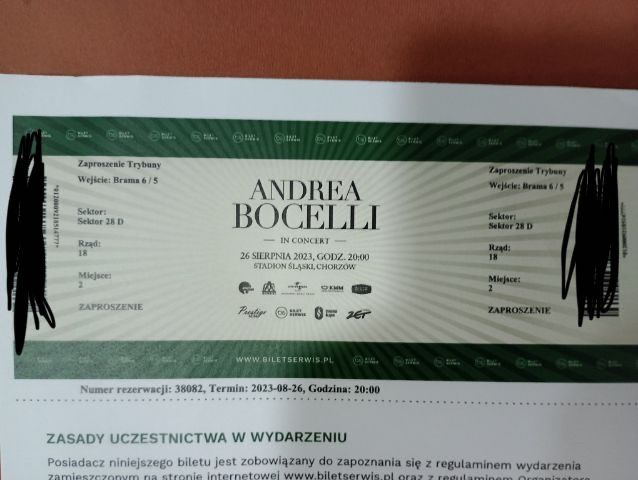 Bilety na koncert Andrea Boccelli 4szt. 26.08.2023r Stadion Śląski
