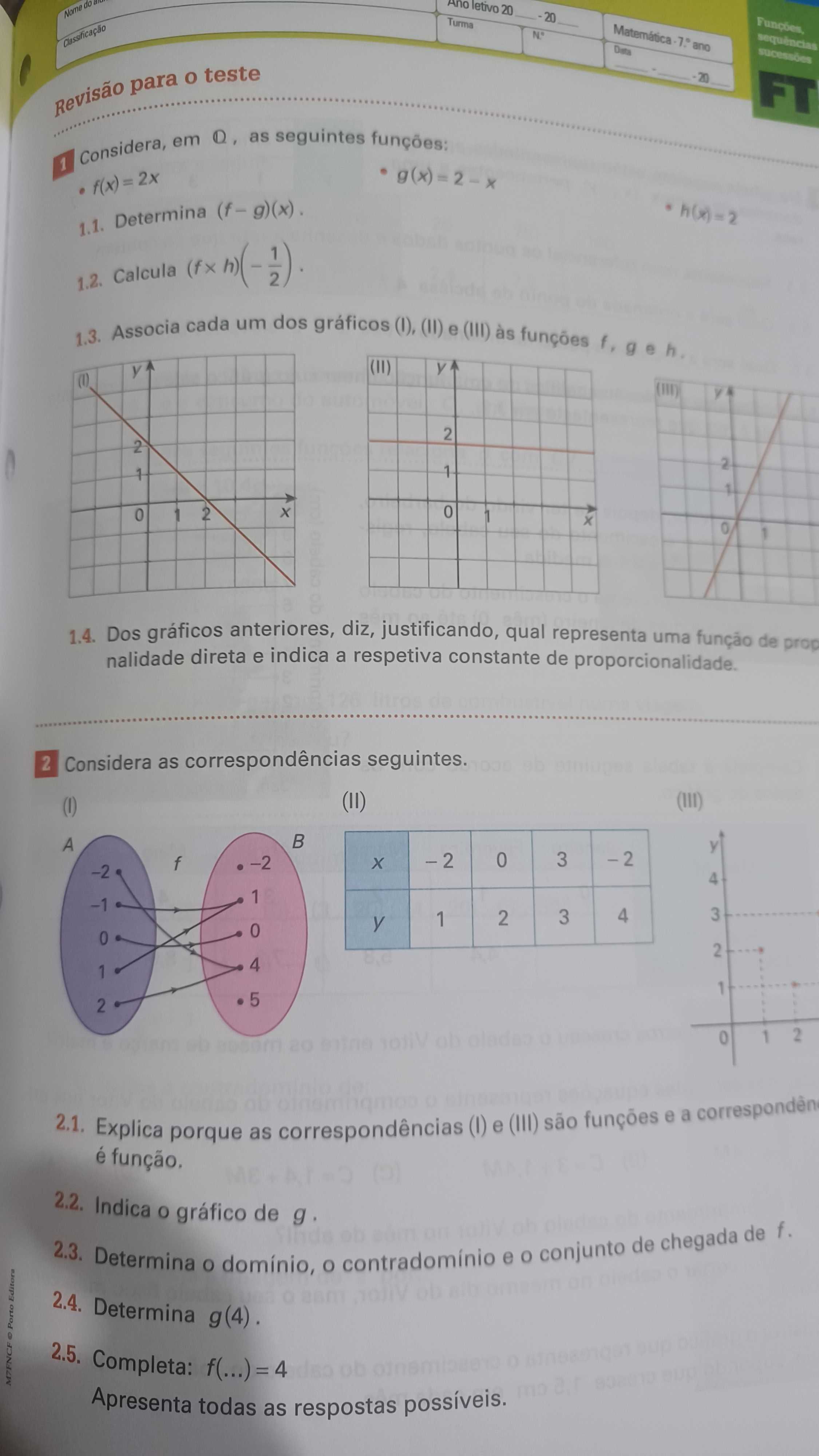 Caderno de Fichas. Matemática. 7