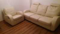 Komplet wypoczynkowy skora skorzany relax bezowy kremowy sofa mb fotel