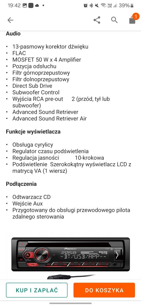 Radio samochodowe Pioneer DEH-S420BT 1-DIN