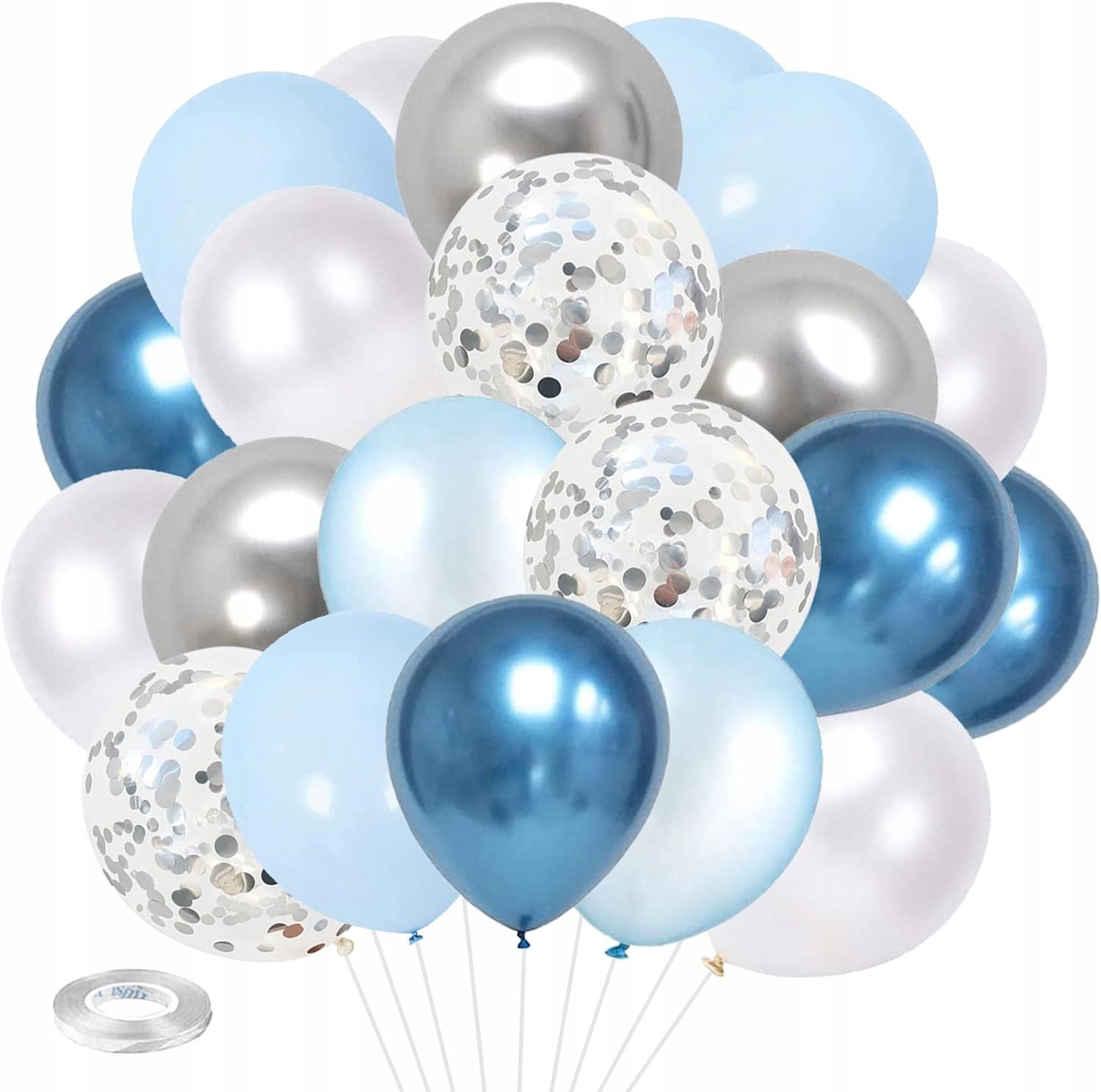 kainsy niebieskie srebrno-białe balony 55 szt.