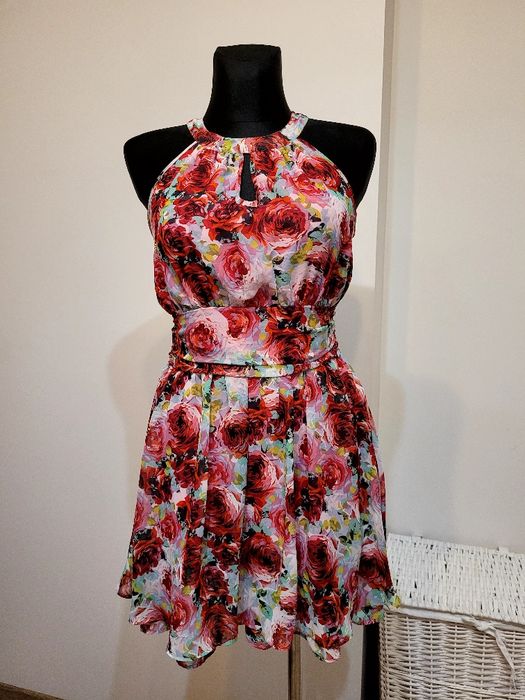 Sukienka w kwiaty wesele lato kolorowa wiązana rozkloszowana 38 M