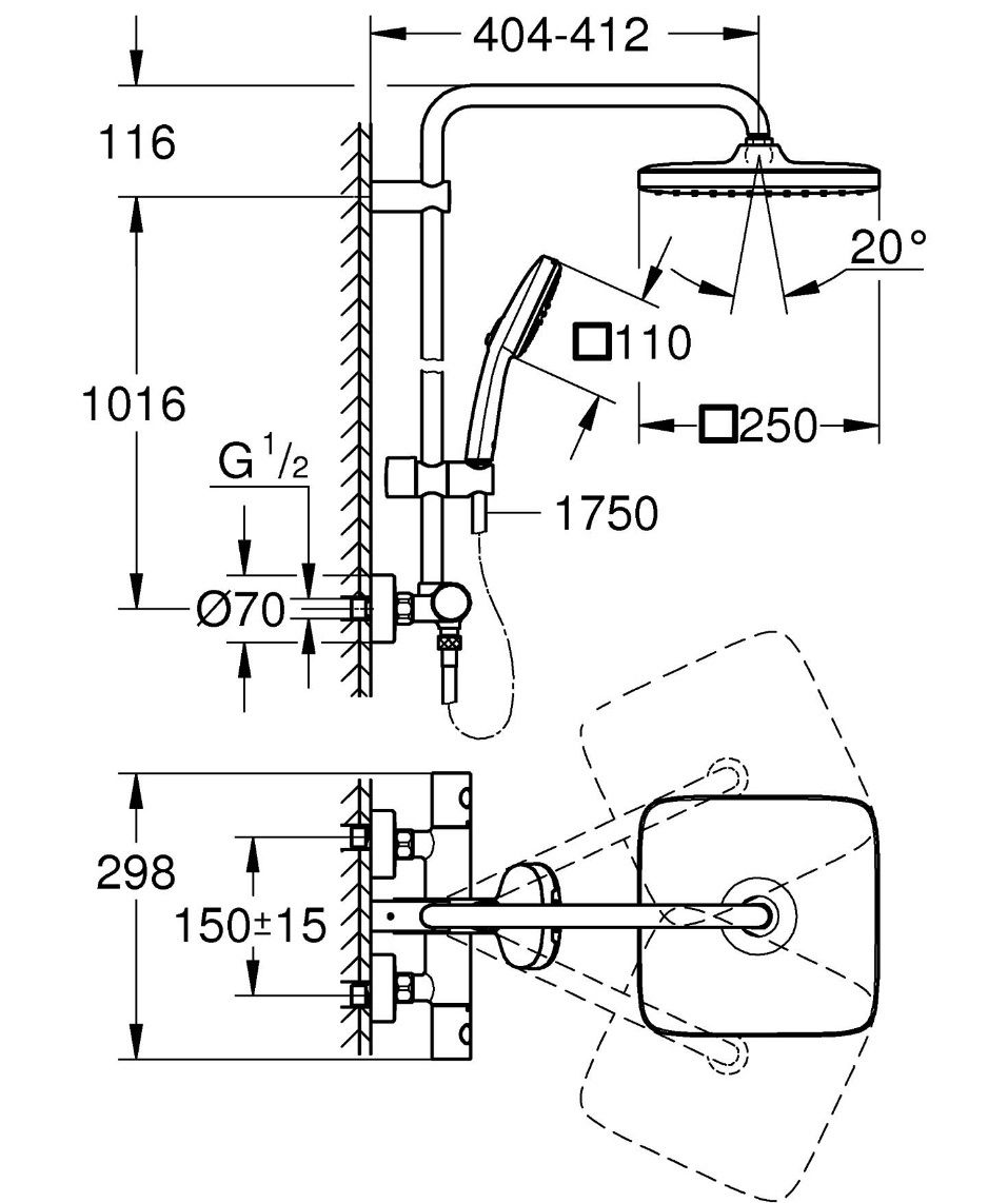 Grohe 26689001 26811001 27296003 Cube 250 Душова система з термостатом