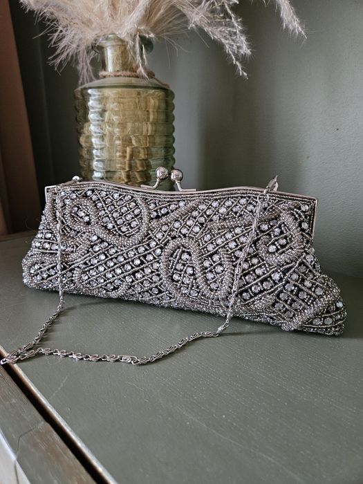 Wyjątkowa Torebka damska Wieczorowa Srebrna Wallis Koraliki Vintage na