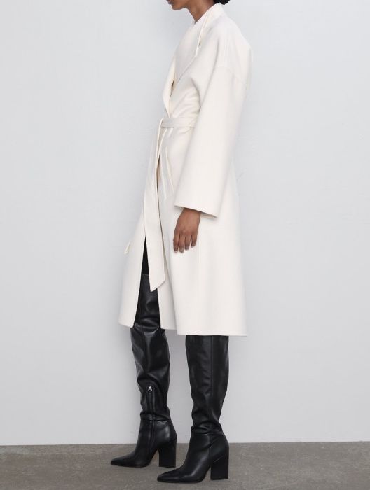 ZARA płaszcz wełniany biały ecru wełna wiązany oversize premium M