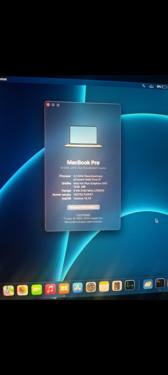 Laptop MacBook Pro 2017r. Dysk SSD. 8 Gb Ram i5