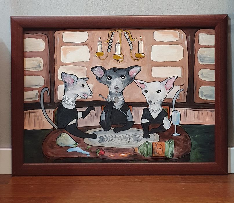 Obraz Koty Peterbald Orientalne Śniadanie u Tiffany'ego  50x70 w ramie