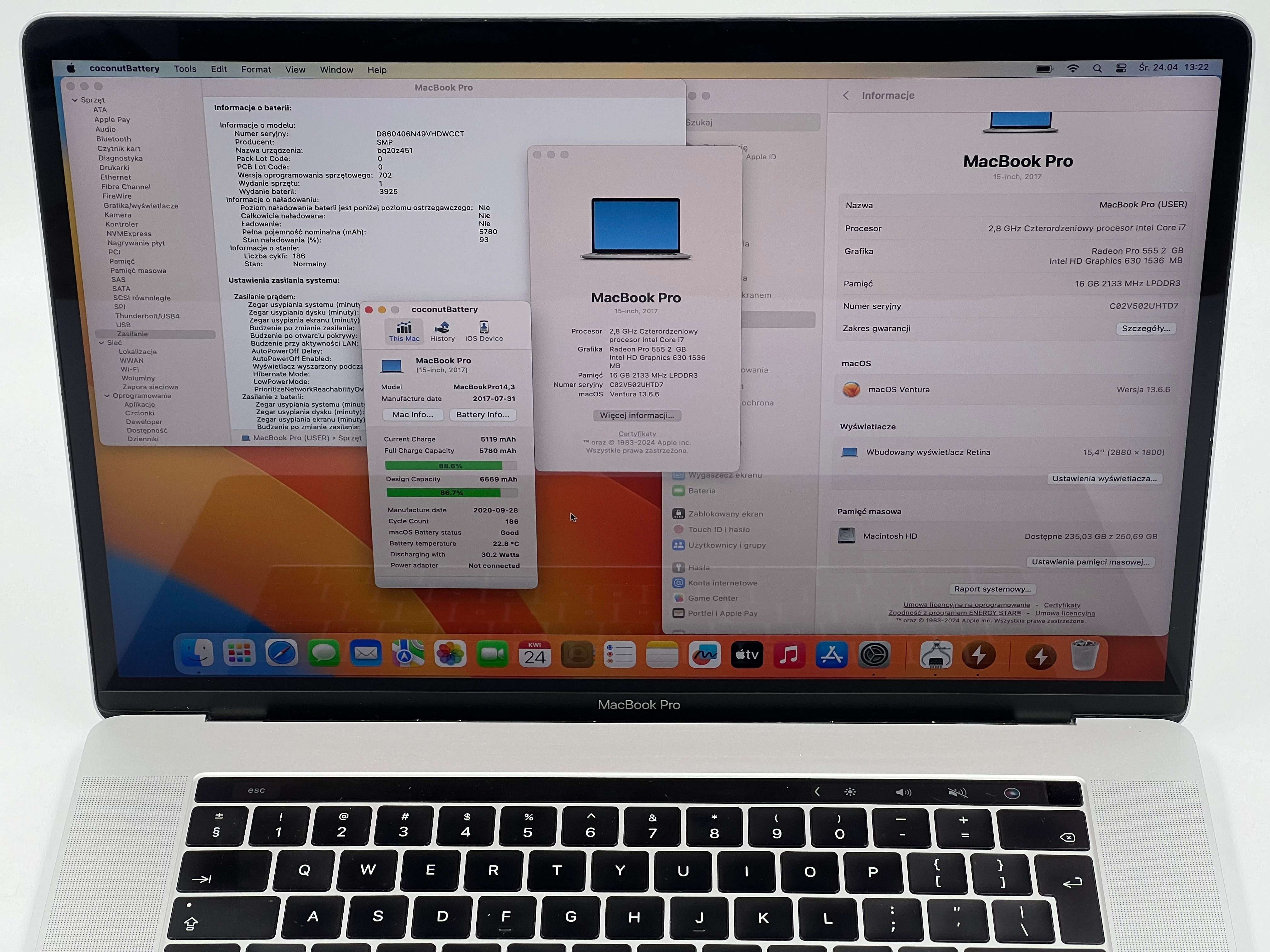 Laptop Apple Macbook Pro 15 2017 i7 16GB 256GB R555 2GB A1707