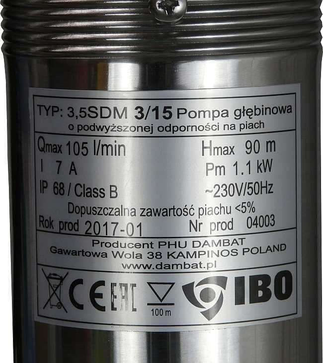 Pompa głębinowa antypiaszczowa 3,5" SDM 3-15 IBO 90m 105l/min 230V