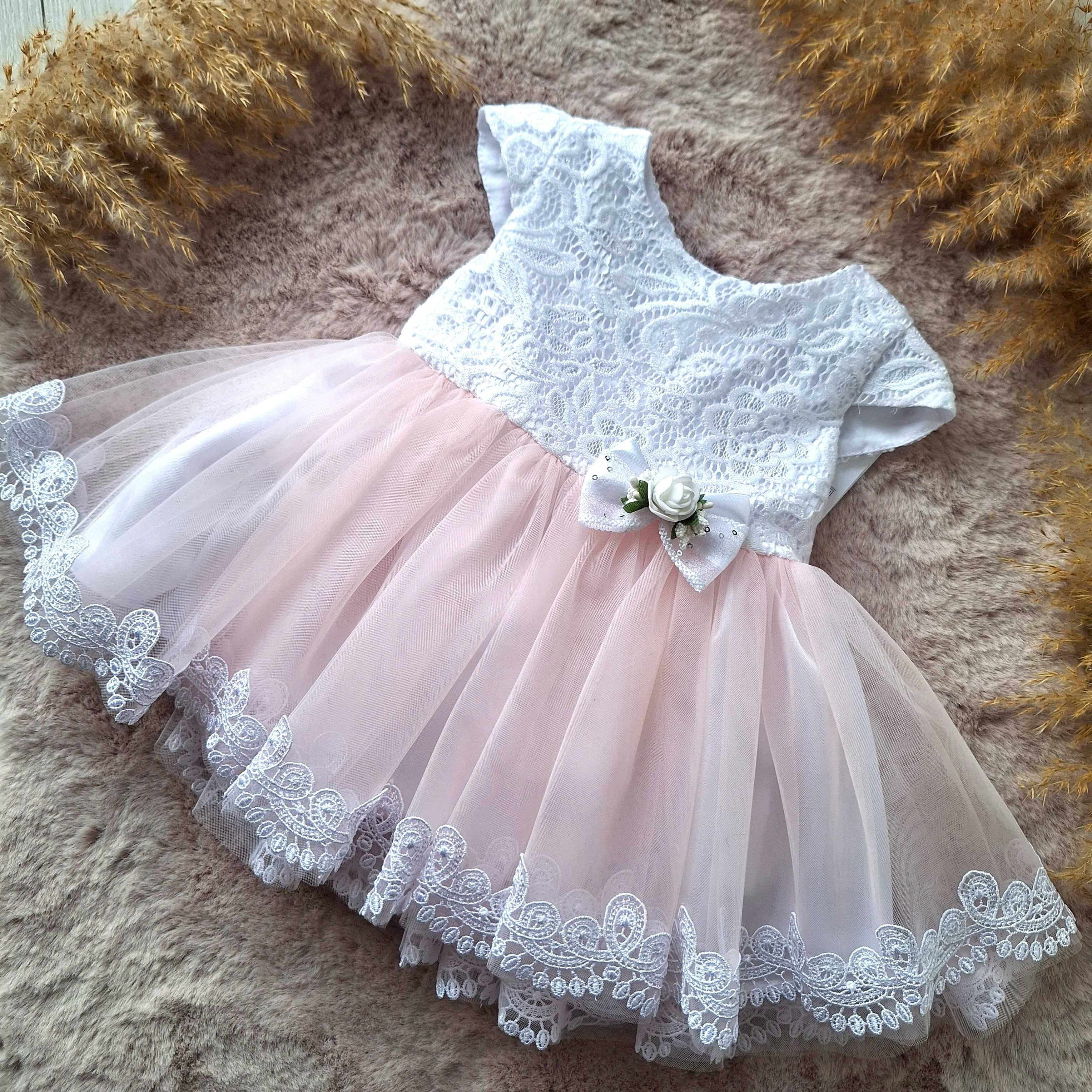 Sukienka tiulowa dla dziewczynki chrzest wesele koronkowa biel/róż