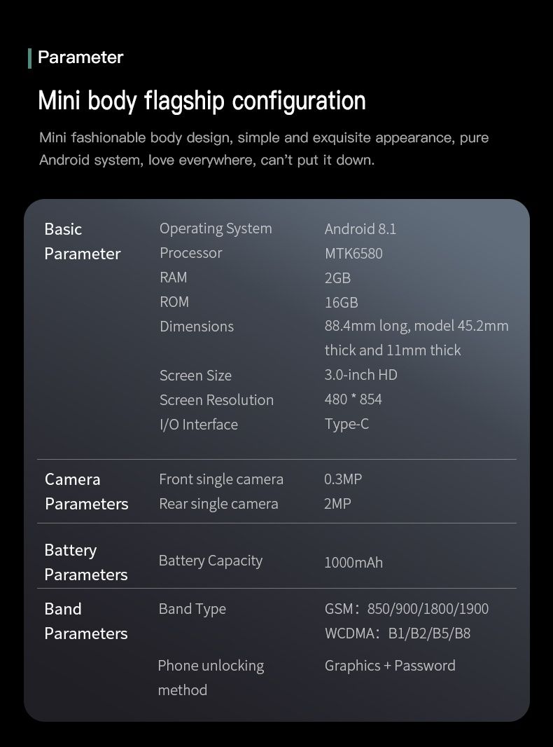 Мини смартфон андроид 8, 1 память 2/16