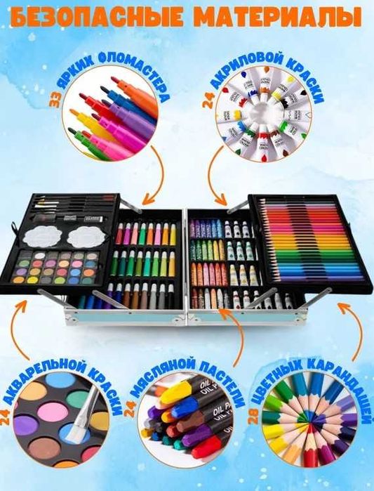 Набор для рисования 145 предметов альбом карандаши фломастеры