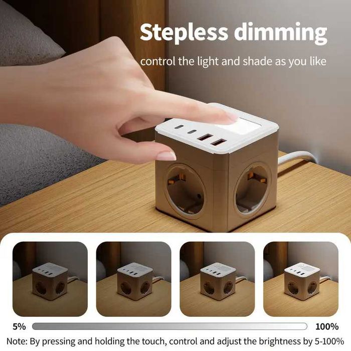 Подовжувач-куб мережевий 8-в-1 з 4 USB PD LED-лампа 3 розетки 2500W