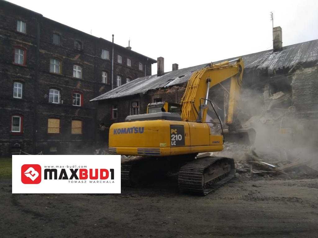 Wyburzenia, rozbiórki Katowice, kruszarka do gruzu, koparko-ładowarka