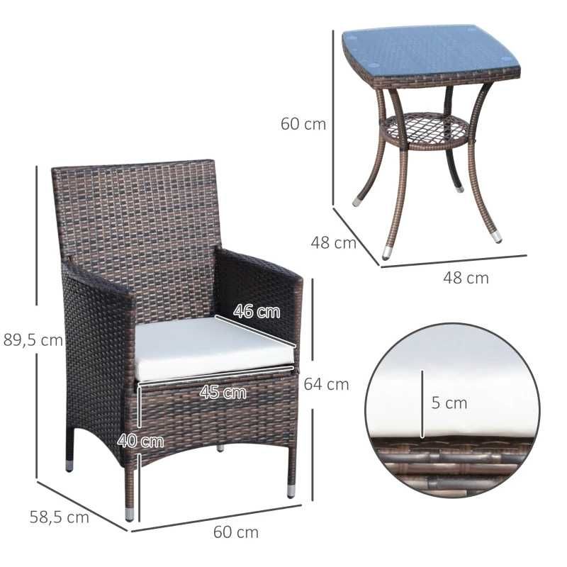 Conjunto de 1 Mesa e 2 Cadeiras Rattan para Jardim - Castanho