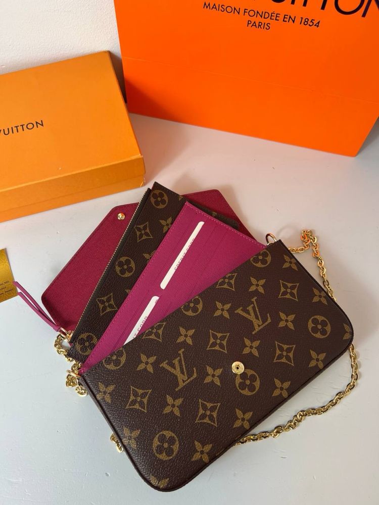 Skórzana torebka kopertówka Louis Vuitton Felicie Damier Ebene luks LV