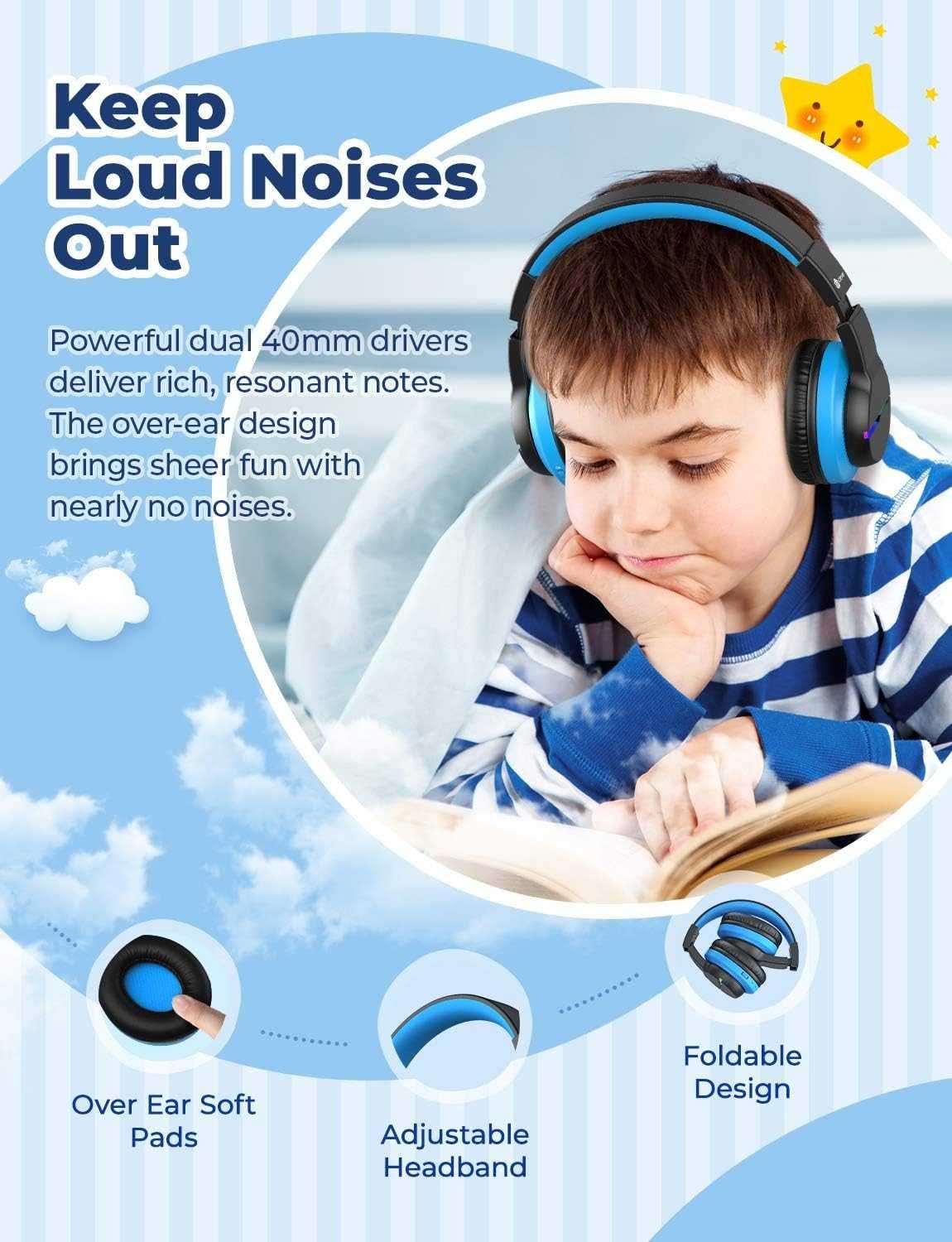 iClever Słuchawki dziecięce Bluetooth, kolorowe diody LED