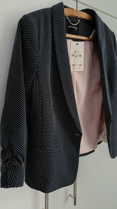 Marynarka taliowana krótki żakiet 38 granat gwiazdki różowa podszewka