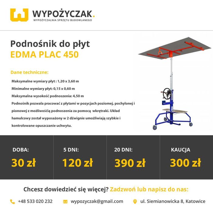 Podnośnik /dźwig do płyt GK/wkrętarka podajnikiem/szlifierka - WYNAJEM