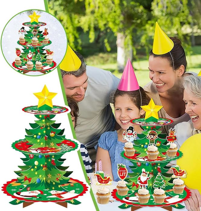 Świąteczny Stojak na Babeczki 3-poziomowy Tekturowy na Boże Narodzenie