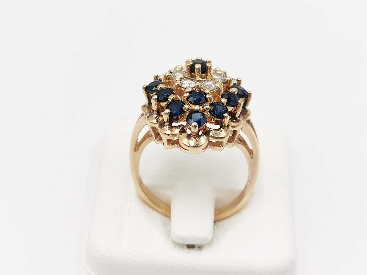 pierścionek złoto 14K 585 szafiry diamenty brylanty 7,26 g certyfikat