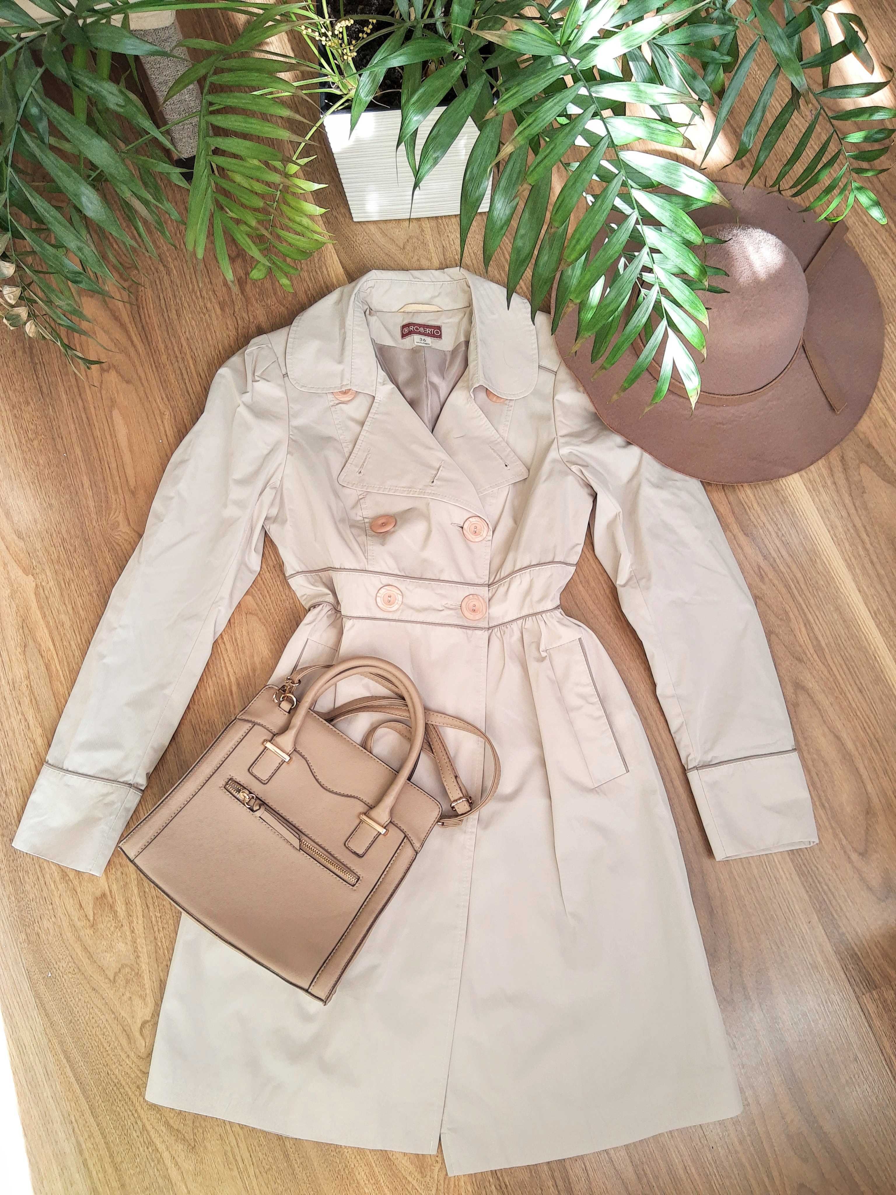 Beżowy wiosenny płaszczyk S-XS dwurzędowy bawełniany elegancki trencz