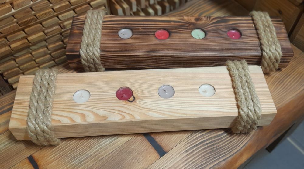 Świecznik, świeca drewniana z liną