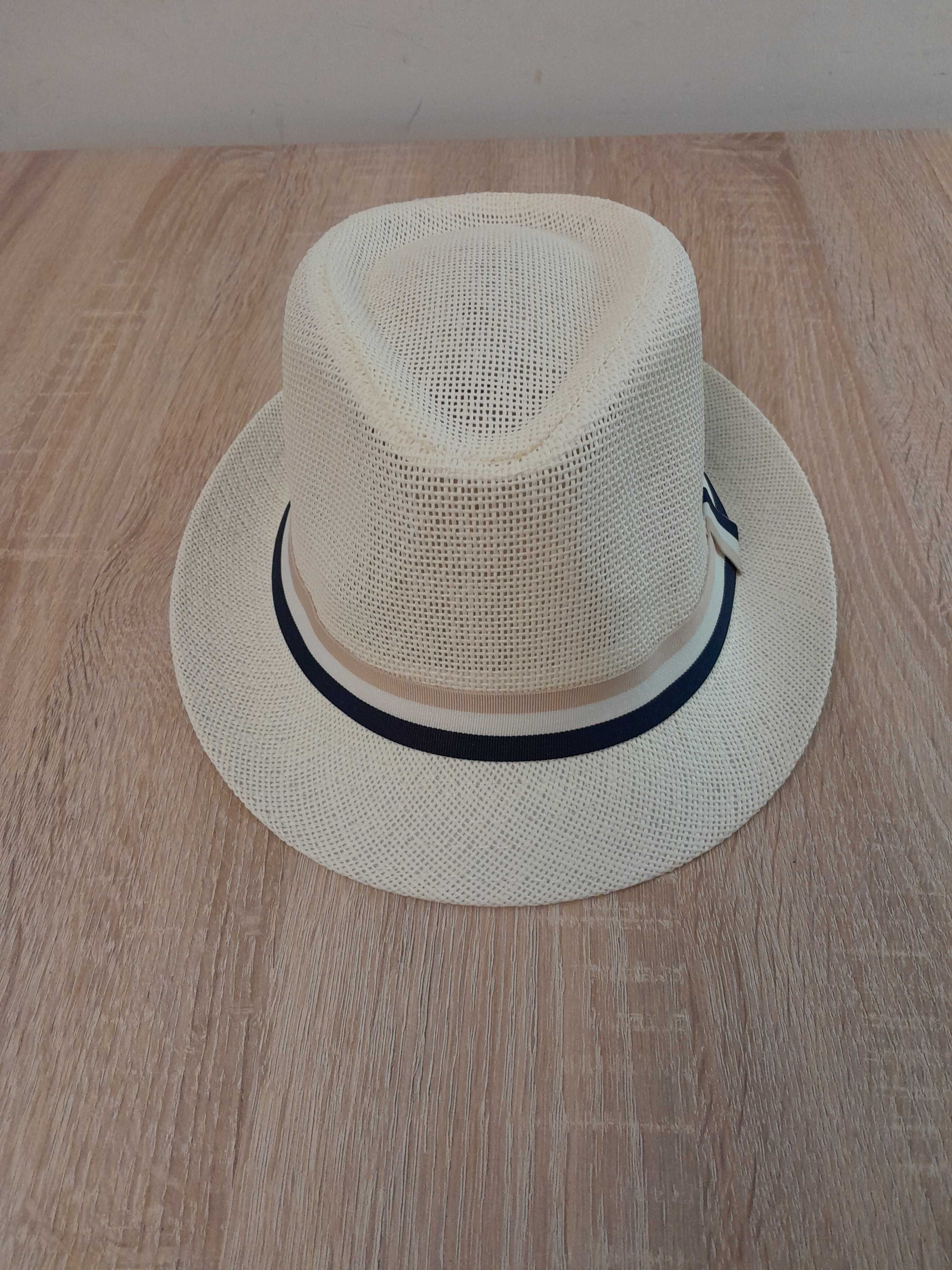 Nowy kapelusz/styl Panama/kolor ecru/zdobnia beżowo-granatowa/rozm. 58