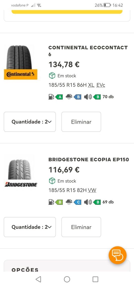 Pneus Bridgestone e Continental 185/55/R15