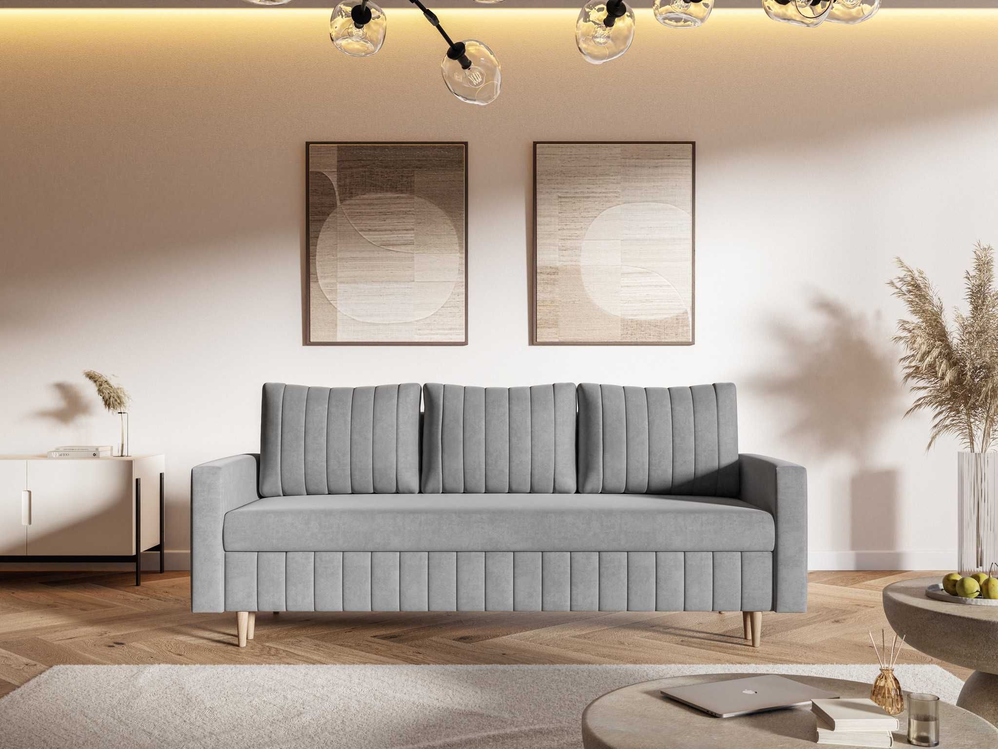 Sofa skandynawska 215 cm na drewnianych nóżkach z pojemnikiem Scandi