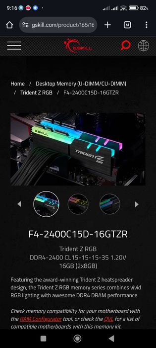 16 gb ddr4  G.Skill  tridentZ RGB F4-2400C15D-16GTZR