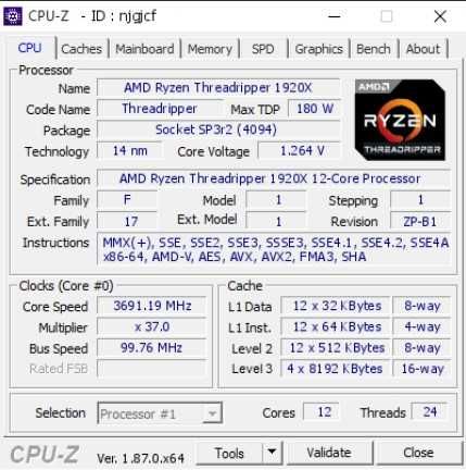 CPU AMD® Threadripper 1920X, 12 Cores, Cache 38Mb, 4,00 GHz Pro-Class