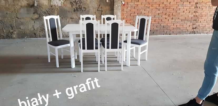 Nowe : STÓŁ + 6 KRZESEŁ, BIAŁY + GRAFIT , dostawa cała POLSKA