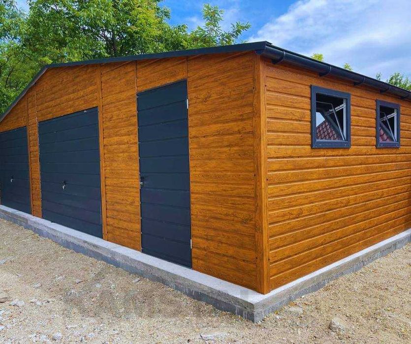 Garaż blaszany drewnopodobny 10x5 | profil zamknięty ocynkowany