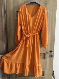 Pomarańczowa sukienka długi rękaw z paskiem rozmiar 44
