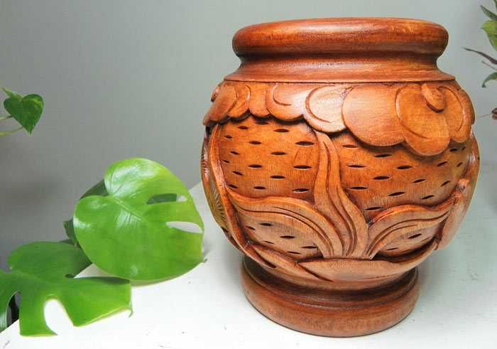 Misterny Rzeźbiony WAZON Ornamenty Ryby z Drewna Rękodzieło