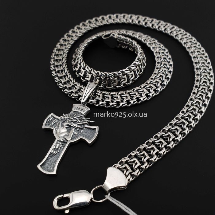 Чоловіча срібна цепочка з хрестиком ланцюжок масивний Фараон 925 проба