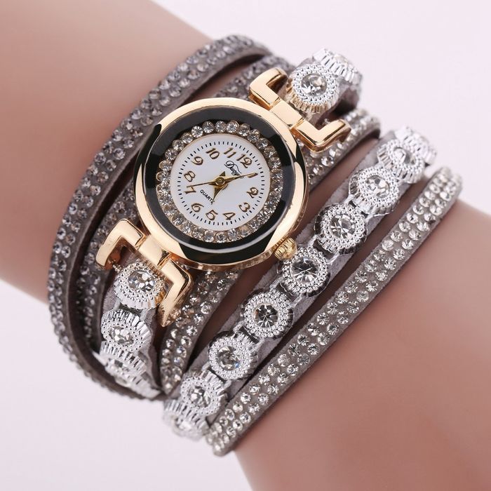 Zegarek damski szary srebrny bransoletka cyrkonie owijany wokół ręki