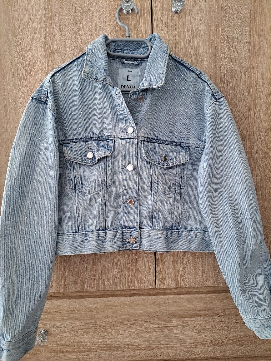 Jeansowa kurtka katanka Oversize krysztalki