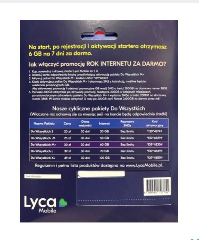 LycaMobile PL Starter 5 zl Karta SIM Card PrePaid 5 PLN